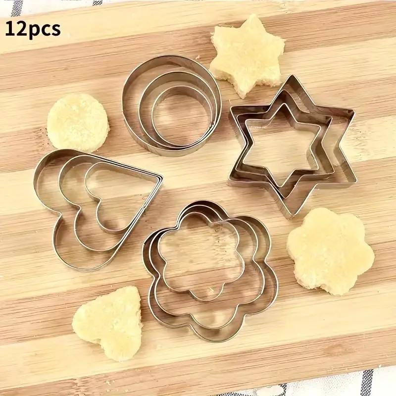 Set of 12 Stainless Steel Cookie Cutters, Various Shapes Including Flowers, Circles, Hearts, Stars, Perfect for Cakes, Sandwiches, Fruits, Baking Tools, Baking Supplies