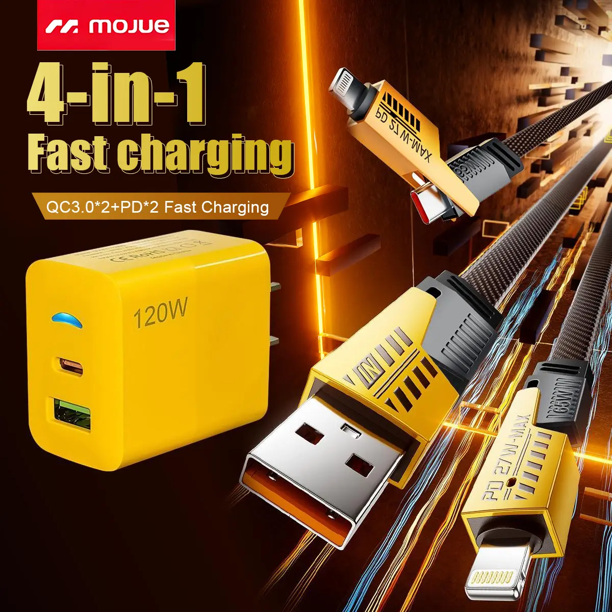 MOJUE Portable Fast Charger with Type C/USB A Dual Ports Adapter, 4-in-1 Durable 5FT Flat Braided Charging & Data Sync Cord for Mobile Devices, iPhone 17/16/15/14/13/12 Pro Max, iPad, AirPods, Samsung (Type C Charging & Stable Connection Support)