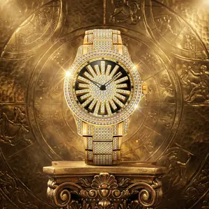 Men's Diamond - Encrusted Gold Watch, Business Quartz Chronograph with RotatingDiamond Dial, Sparkling Effect, WaterResistant, Party Daily Wear Birthday Gift