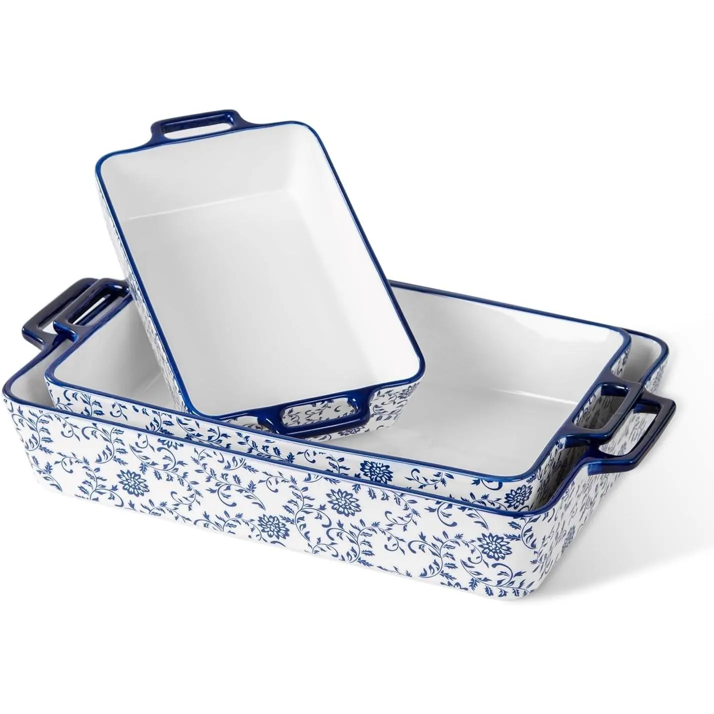 Ceramic Baking Dish Set of 3-15.1''/13.6''/9.9'' | Bakeware Set Casserole Dish Rectangular Lasagna Pans with Handles for Kitchen Oven, Microwave & Dishwasher Safe Vintage Blue