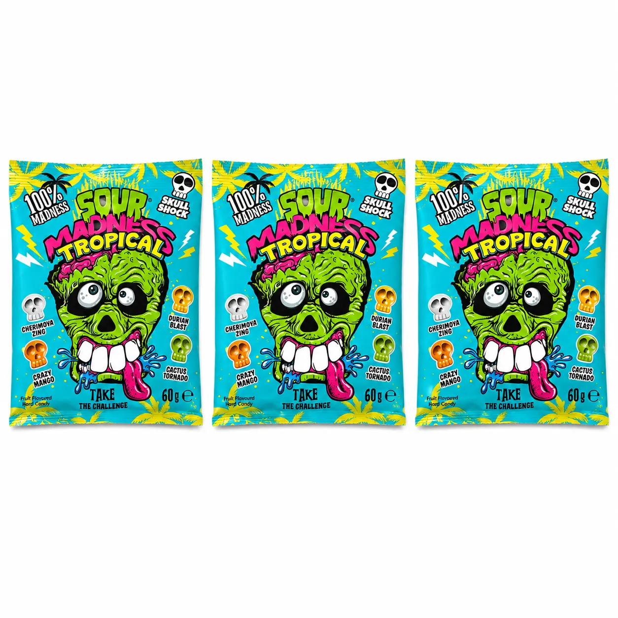 Imported Sour Madness Tropical Hard Candies (3x60g Bags) - Skull Shock Challenge Food, Halloween Special, Natural Colors, Cactus-Infused, Cherimoya Flavor, 4 Snack Boxes for Storage & Gifting, Bulk Candy, Tangy, Ambient, 6-Month Shelf Life, Sugar Sour Mix