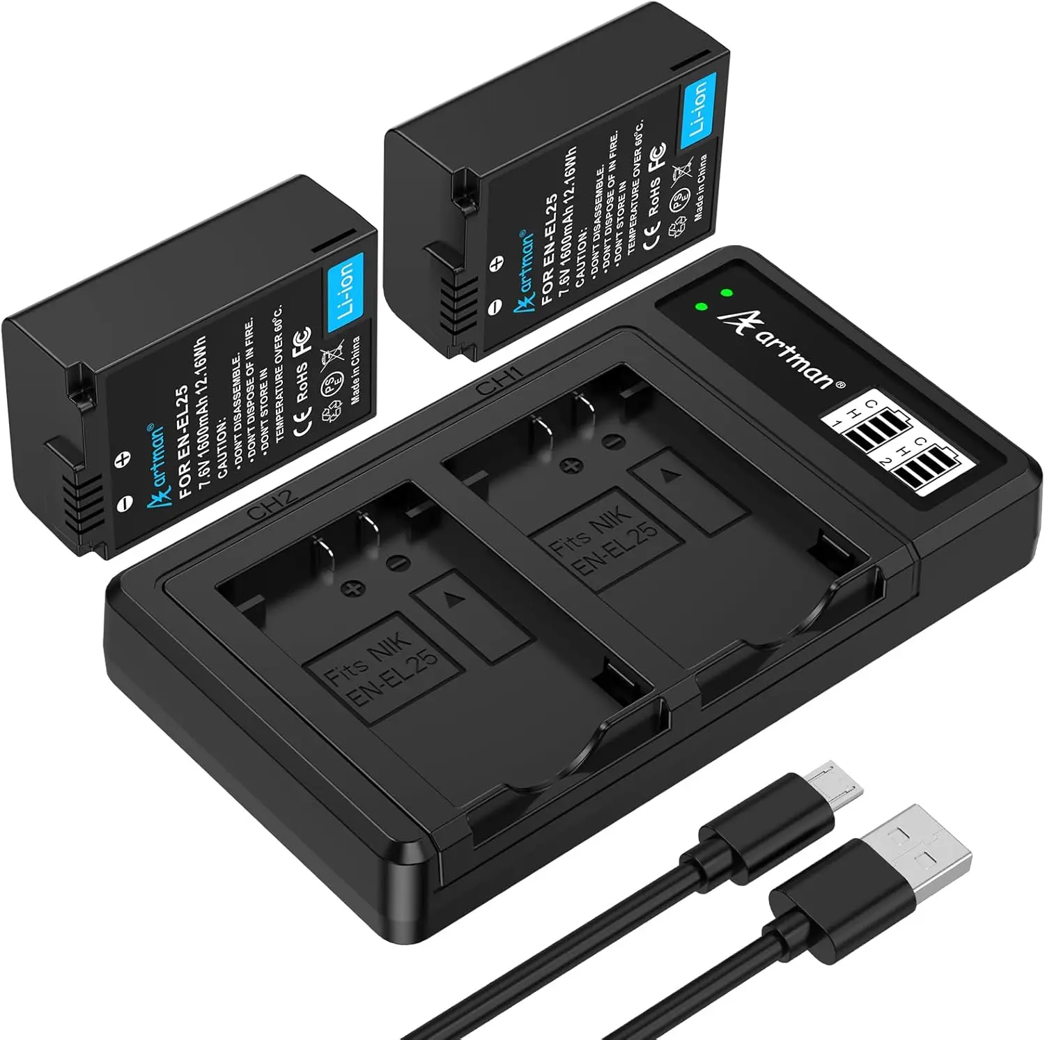 Artman EN-EL25 EN-EL25A Battery 1600mAh 2-Pack and USB-C LCD Dual Charger Compatible with Nikon Z50II, Z50, Z30, ZFC Camera 4241 Battery, MH-32 Charger
