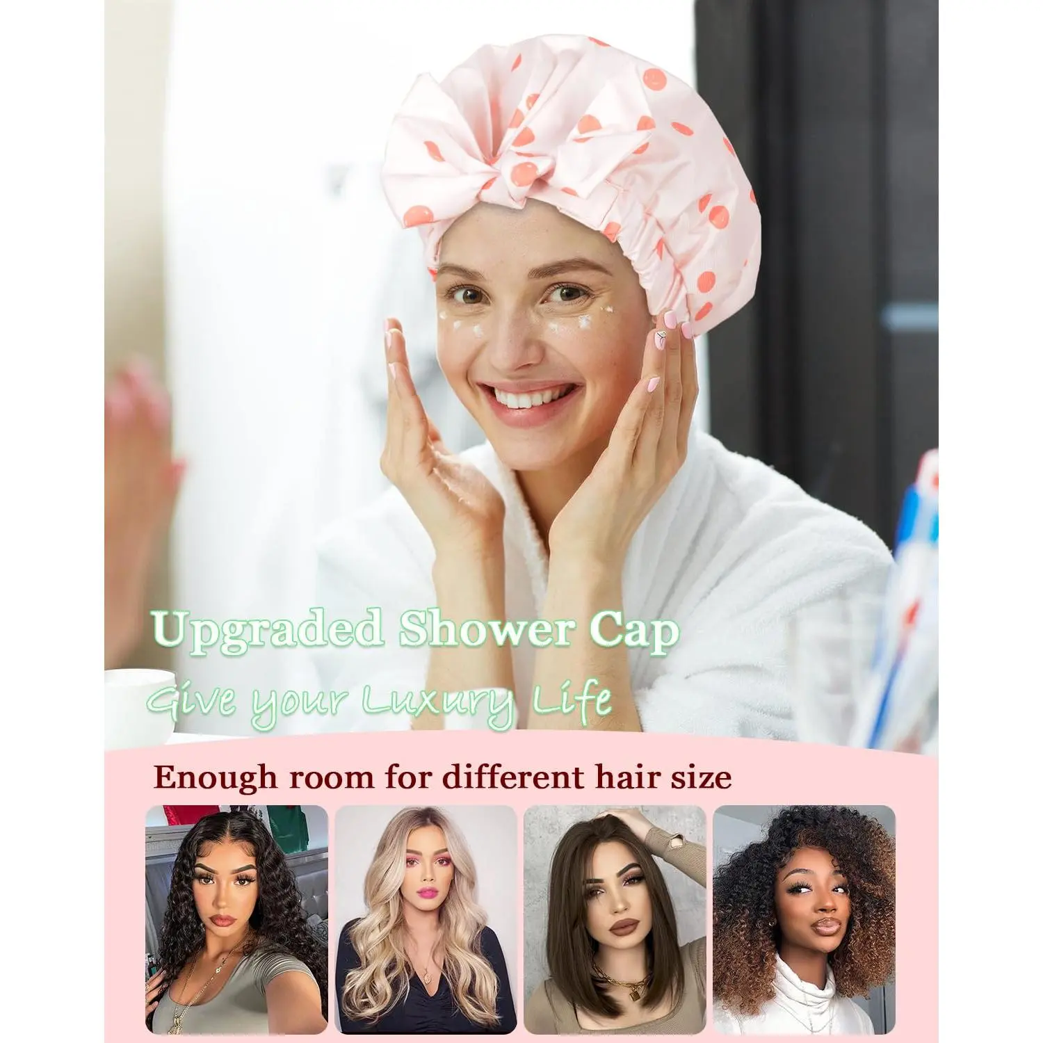 Shower Cap Luxury Shower Caps for Women Reusable Waterproof Hair Cap for Shower with Adjustable Bowknot Hair Bath Cap (Pink)