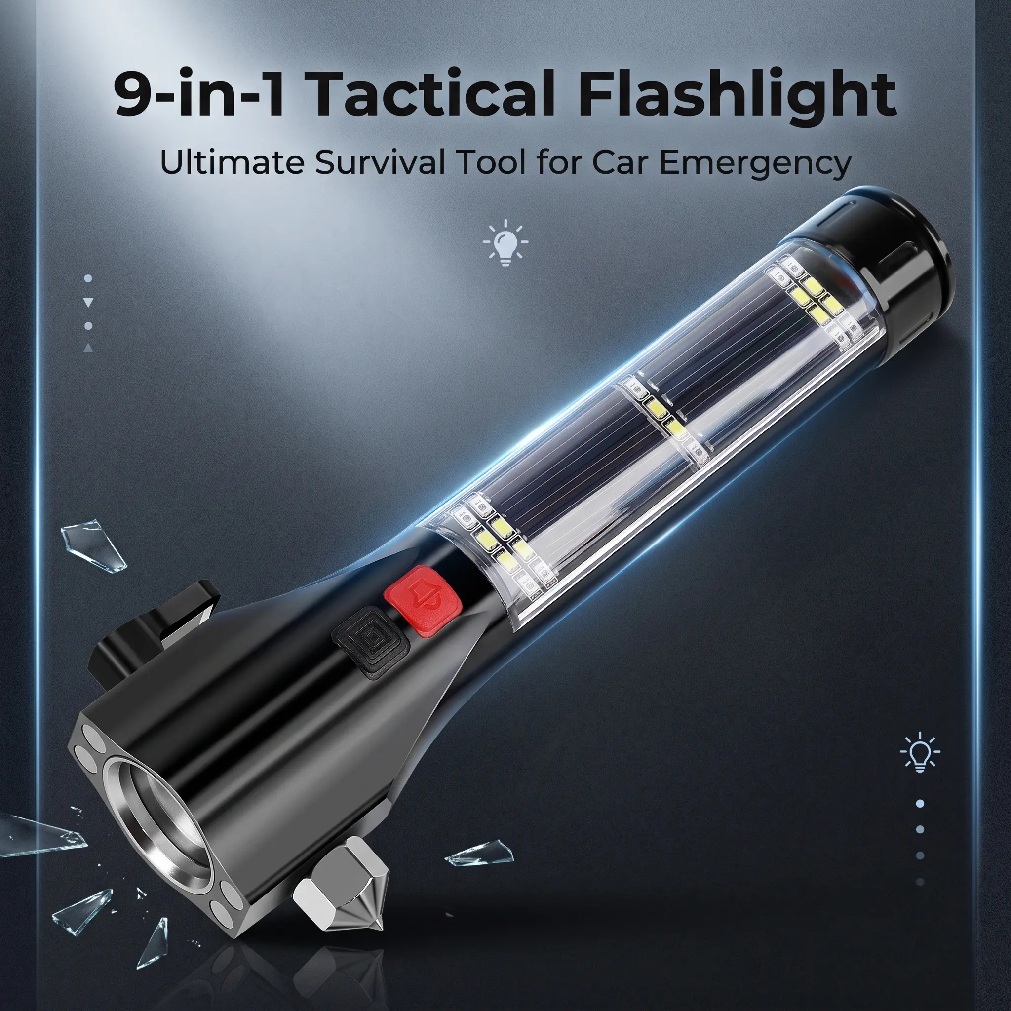 9-in-1 Solar Tactical Flashlight, Car Emergency Escape Tool with Window Breaker Seat Belt Cutter, Rechargeable LED Flashlight with Red Blue SOS Strobe Light, Compass, Magnetic Base, Power Bank, Waterproof Survival Flashlight for Camping Road Trip