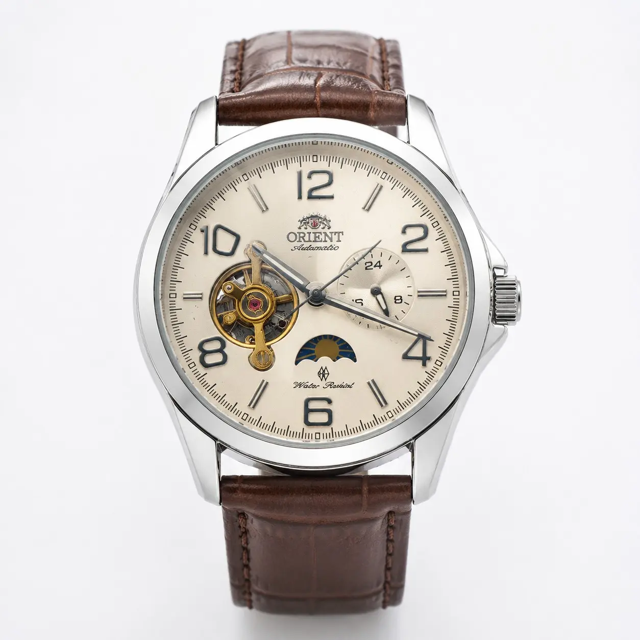 Orient Men's Automatic Mechanical Watch - Open Heart, Moon Phase, 24H Sub-dial, Analog, Luminous - Stainless Steel & Leather Strap - Business Casual Men's Wrist Watch, Ideal Gift