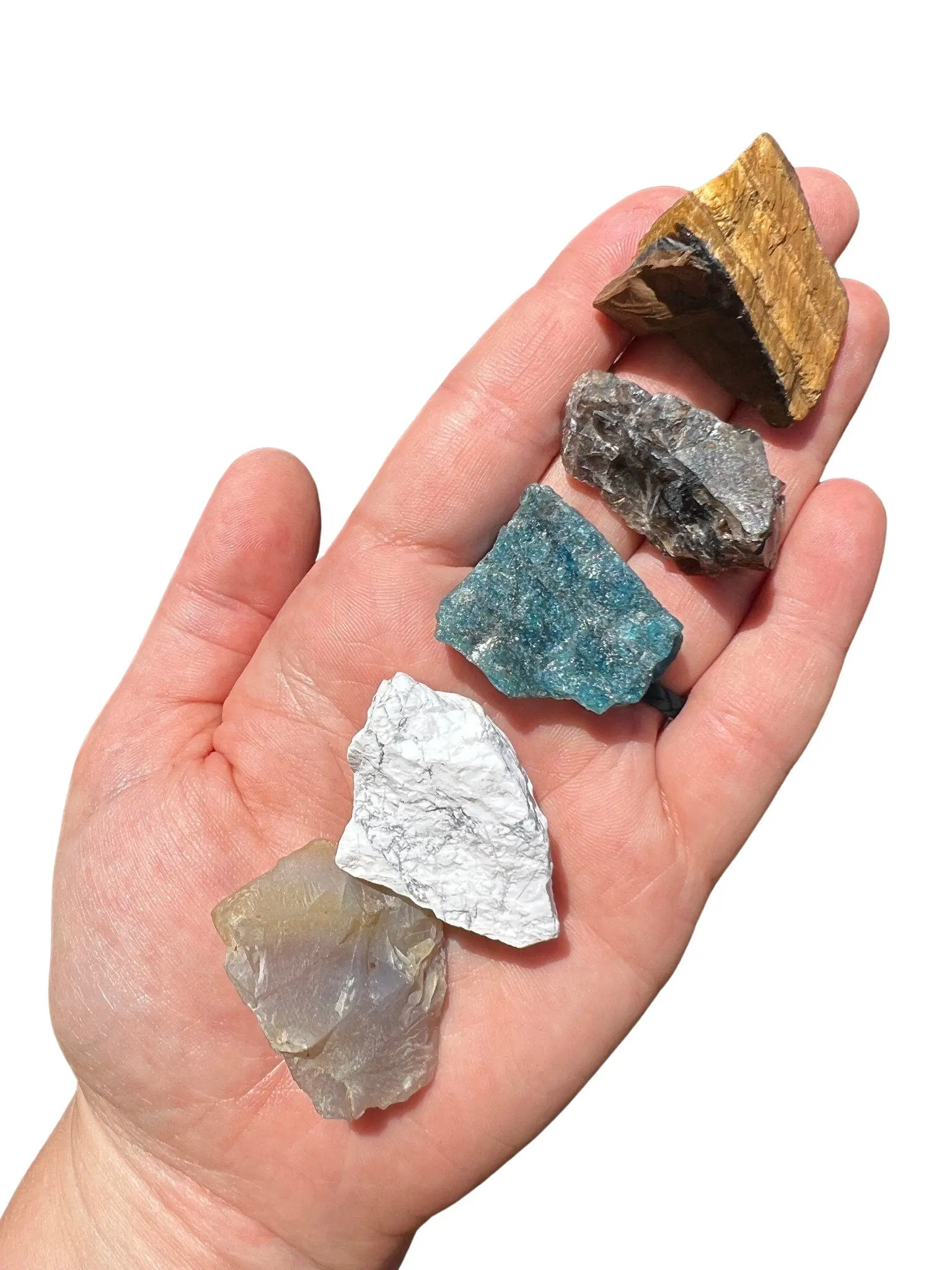 Gemini Zodiac Crystal Set with White Howlite, Blue Apatite, Tigers Eye and Smoky Quartz Raw Stones - Astrology Gifts