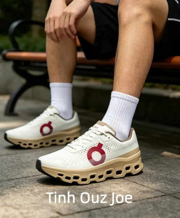 Ultra-Light Hollow Cloud Cushion Warm Earth Tone Daily Fitness Running Trainers, durable high air-permeable grid woven textile material, clean cream white main body matched with muted khaki midsole and gradient red side logo accent