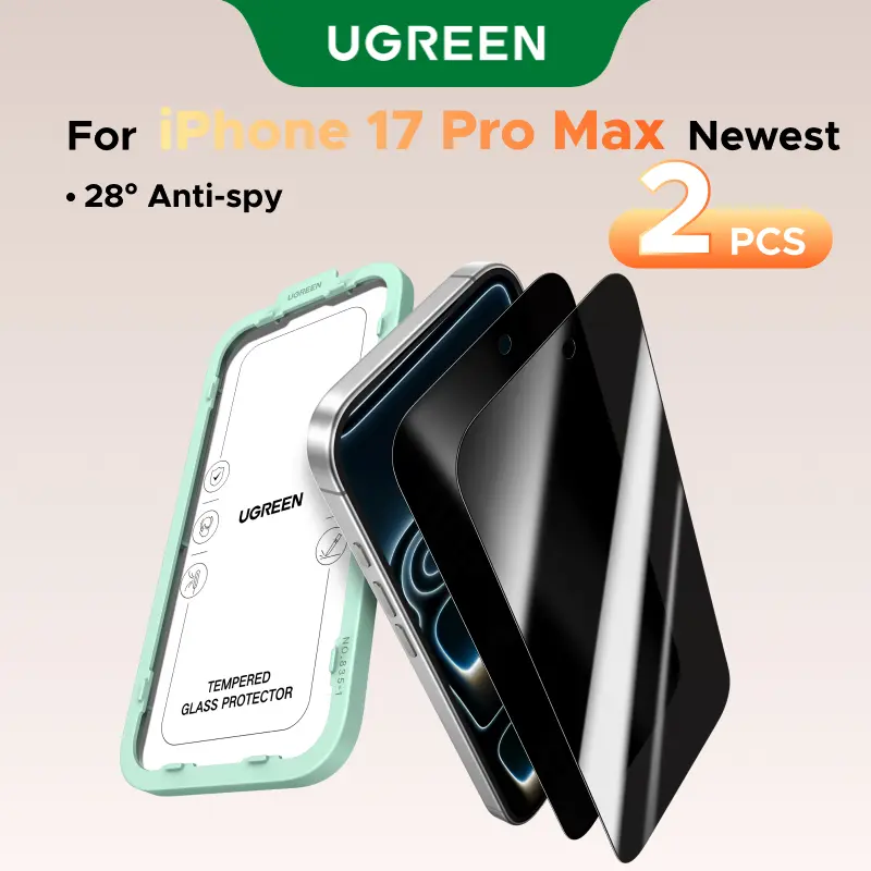 UGREEN Privacy Screen Protector for iPhone 17 Series, 2 Pack Edge-to-Edge Anti-Spy Tempered Glass, Full Coverage Privacy Screen Protector with Easy Installation Frame, Bubble Free, 9H Hardness, Case Friendly