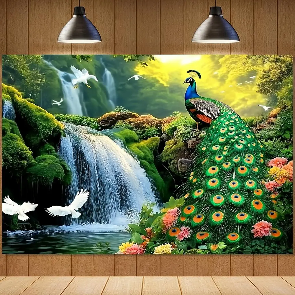 1pc Polyester 2D Flat Panel Oversized Vibrant Peacock & Waterfall Forest Landscape Print Wall Art - Durable, No Power Needed, Easy-Hang with Holes, Ideal for Modern Home Decoration, Family Party Photo Backdrop