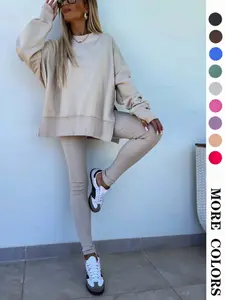 Women's Solid Drop Shoulder Split Hem Sporty Round Neck Sweatshirt & Pants Two-piece Set, Sweatsuit Matching Set, Casual Fashion Cozy Breathable Outfits for Daily Outdoor Wear, Ladies Sportswear for All Seasons, Sweatsuit Sets