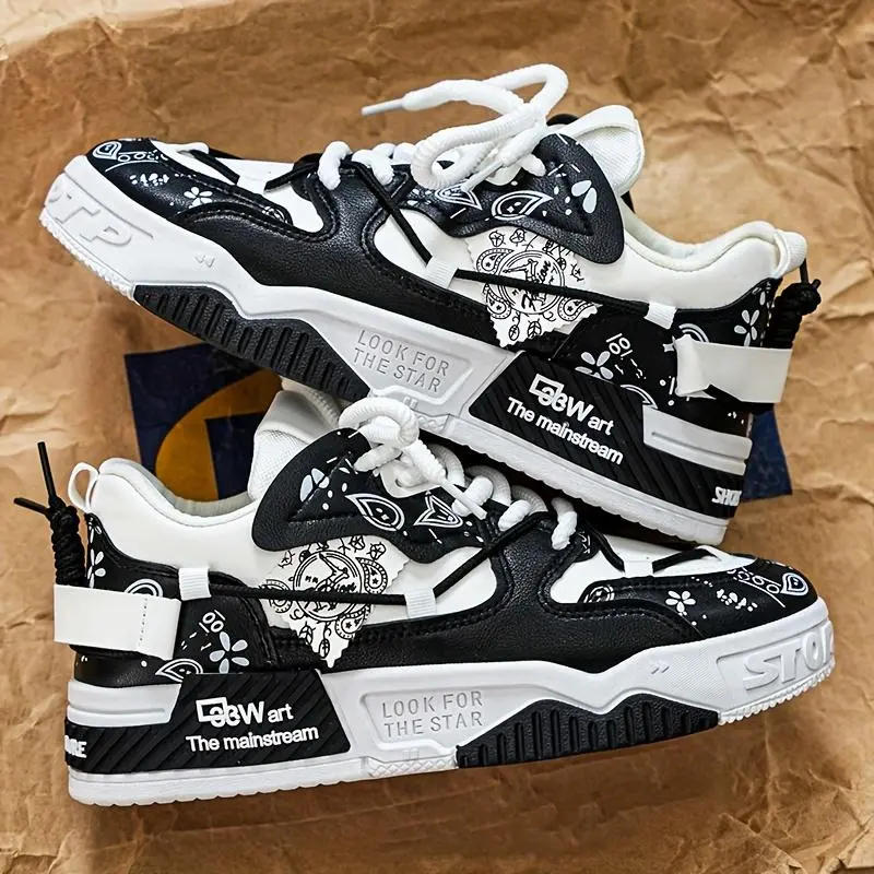 Men's Artistic Print Skate Shoes, Sporty Chic Low-Top PU Leather Sneakers, Casual Lace-Up Trainers for Outdoor Wear, Footwear, Training, Synthetic, Pu Upper, Pvc Sole, Round Toe, Floral Pattern, Bc204773