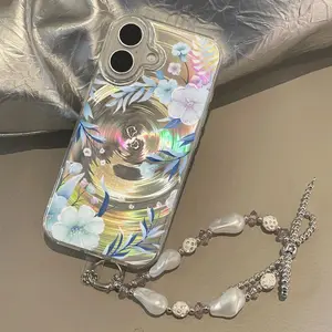 Floral Pattern Phone Case with Beaded Wrist Strap, Fashionable Phone Protector Cover, Shockproof Phone Cases Compatible with iPhone, Flower