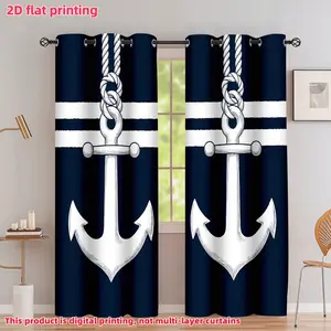 2D Flat 2Pcs Nautical Blue and White Anchor Print Curtain Panels, Ocean Theme Window Drapes with Rope Knot Design, Semi-Shading for Coastal Decor, Living Room, Bedroom, Balcony, Kitchen, Study, Shower Decoration, Accessory