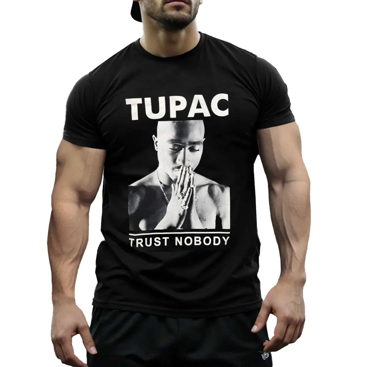 Mens Tupac Trust Nobody Graphic T-Shirt - Iconic Portrait Bold Text Crew Neck for Hip Hop Fans - Everyday Streetwear Essential All Season Gift