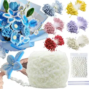600 Pcs 6-Coloured Flower Stamens for Crafting,200 Pcs Pearls and 1 Roll Fluffy Yarn for Pipe Cleaners Crafting,Bouquet Accessories,Pipe Cleaner Flower Kit