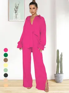 Women's Solid Color Button-Up Shirt with Split Pants Set, Casual Ruffle Sleeve Top and Wide Leg Trousers for Spring Summer Style