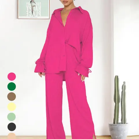 Women's Solid Color Collared Button-Up Shirt with Split Pants Set Outfit, Two Pieces Sets, Casual Loose Ruffle Long Sleeve Top and High Waist Wide Leg Trousers for Spring Summer Style Clothes, Baggy, Basic