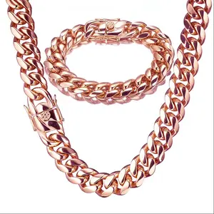 Miami Cuban chain necklaces and bracelets made from high-quality stainless steel, featuring a rose gold vacuum nano coating, with chunky chains and a thick Cuban link design. Chain width: 14 mm, length: 7.5–30 inches. Hypoallergenic materials, fashionable