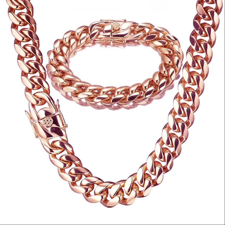 Chunky Miami Cuban Chain Necklace or Bracelet for Men, 14mm Rose Gold-Plated Stainless Steel Hip Hop Jewellery, Hypoallergenic, 7.5-30in, Cuban Style Necklaces, Chunky Chain Necklaces