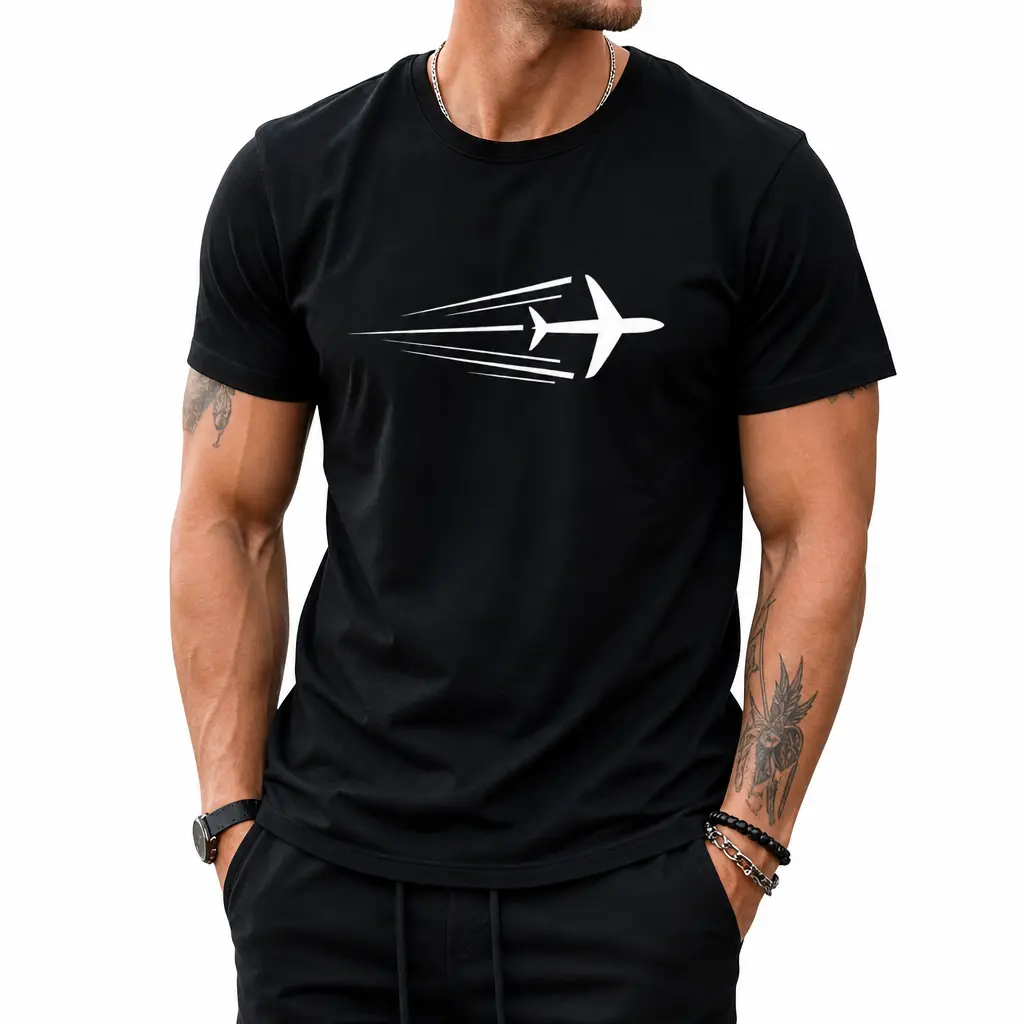 Men's Cotton Oversized Crew Neck Short Sleeve T Shirt, Speeding Airplane Graphic, Travel Casual Streetwear