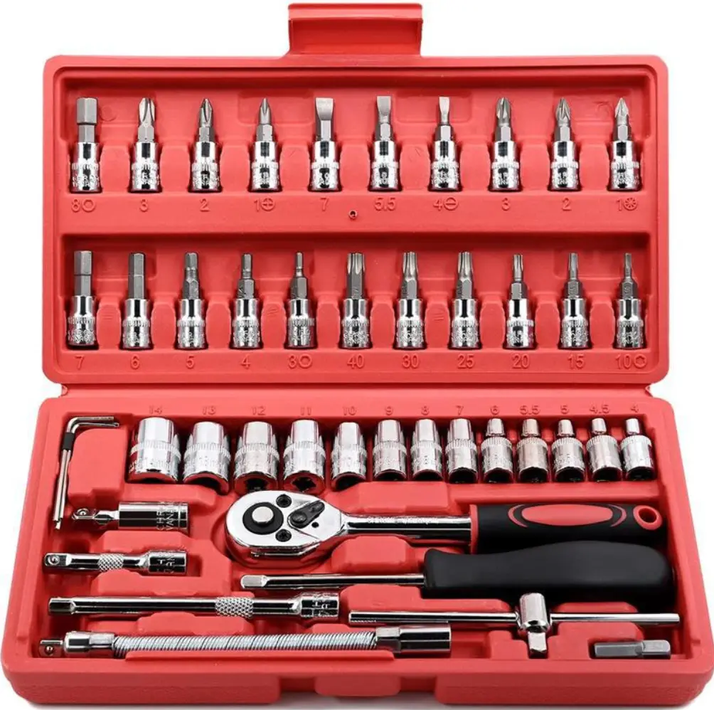 46PCS Professional Ratchet Wrench Set, Complete Hardware Kit with Portable Toolbox, Mechanic Hand Tool Kit for Auto Repair, Household & General Maintenance