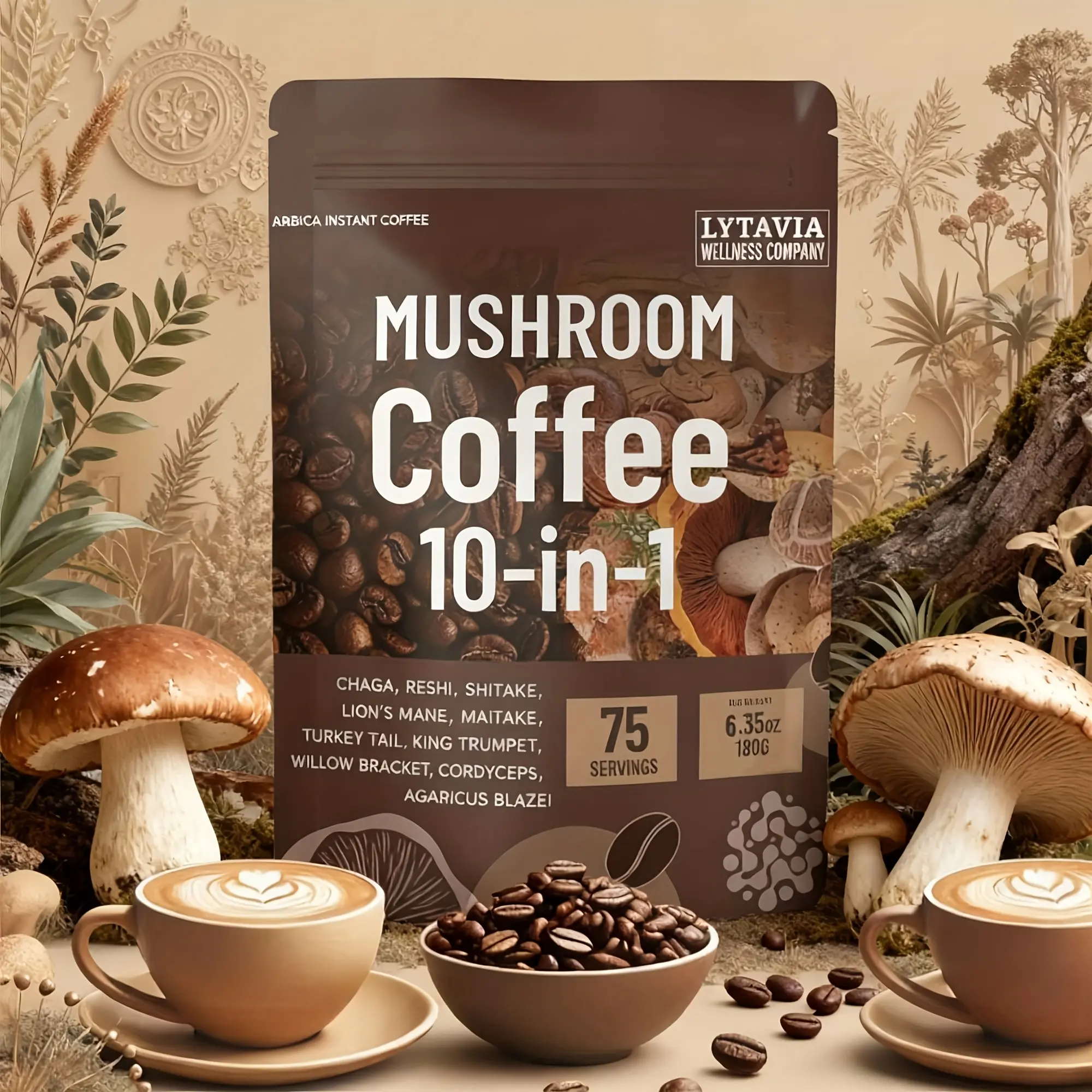 6.35 oz (180 g) Mushroom Coffee 10-in-1 Blend, Instant Arabica Coffee with Probiotics & Adaptogens, Sugar Free, Gluten Free, Soy Free, Organic Natural Blend for Focus, Daily Energy & Gut Health