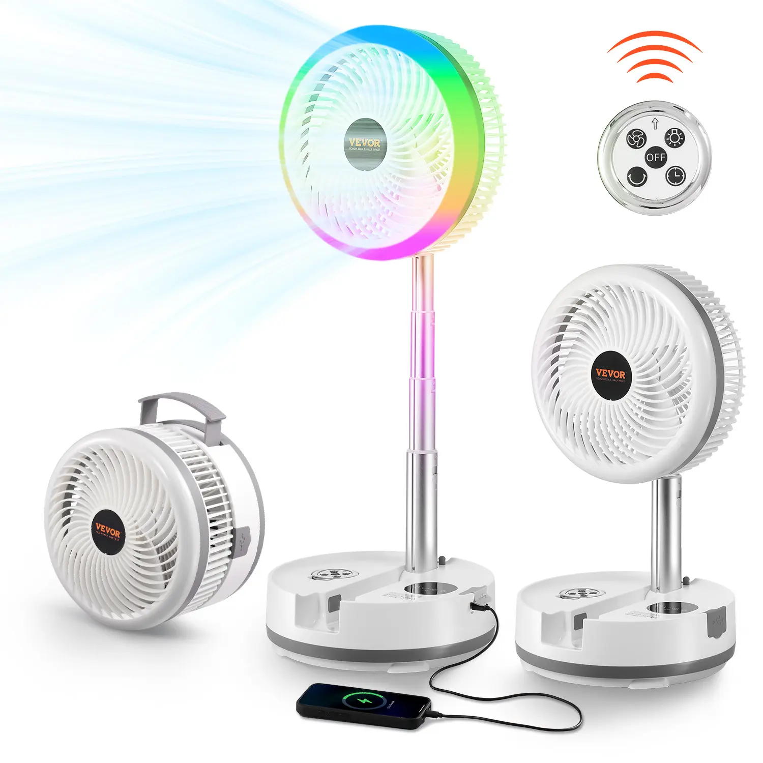 【Summerfinds】VEVOR 10-in Portable Foldable Rechargeable Oscillating Fan - 3-in-1 Battery Operated Adjustable Heights Low Noise Outdoor Fan with Remote Control9 Speeds90-Degree Auto Rotationfor HomeOfficeAdjustable Heights FanLow Noise Fan