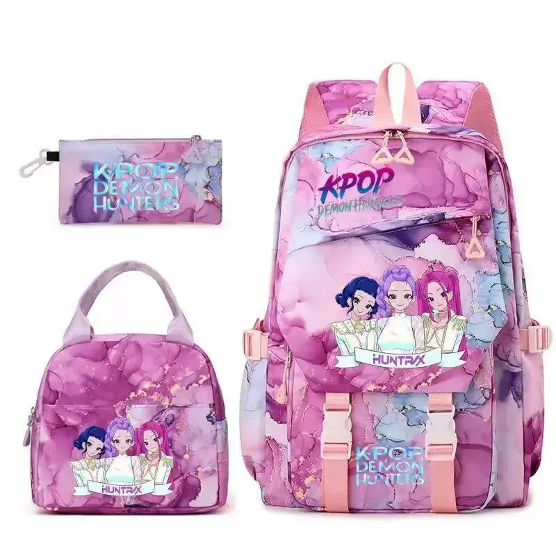 Kpop Demon Hunters 3 in 1 Backpack Set, Pink Marble Water Repellent Anime Girls Print School Bag with Insulated Lunch Box & Pencil Case, Large Capacity Lightweight Bookbag for Teen Girls Students