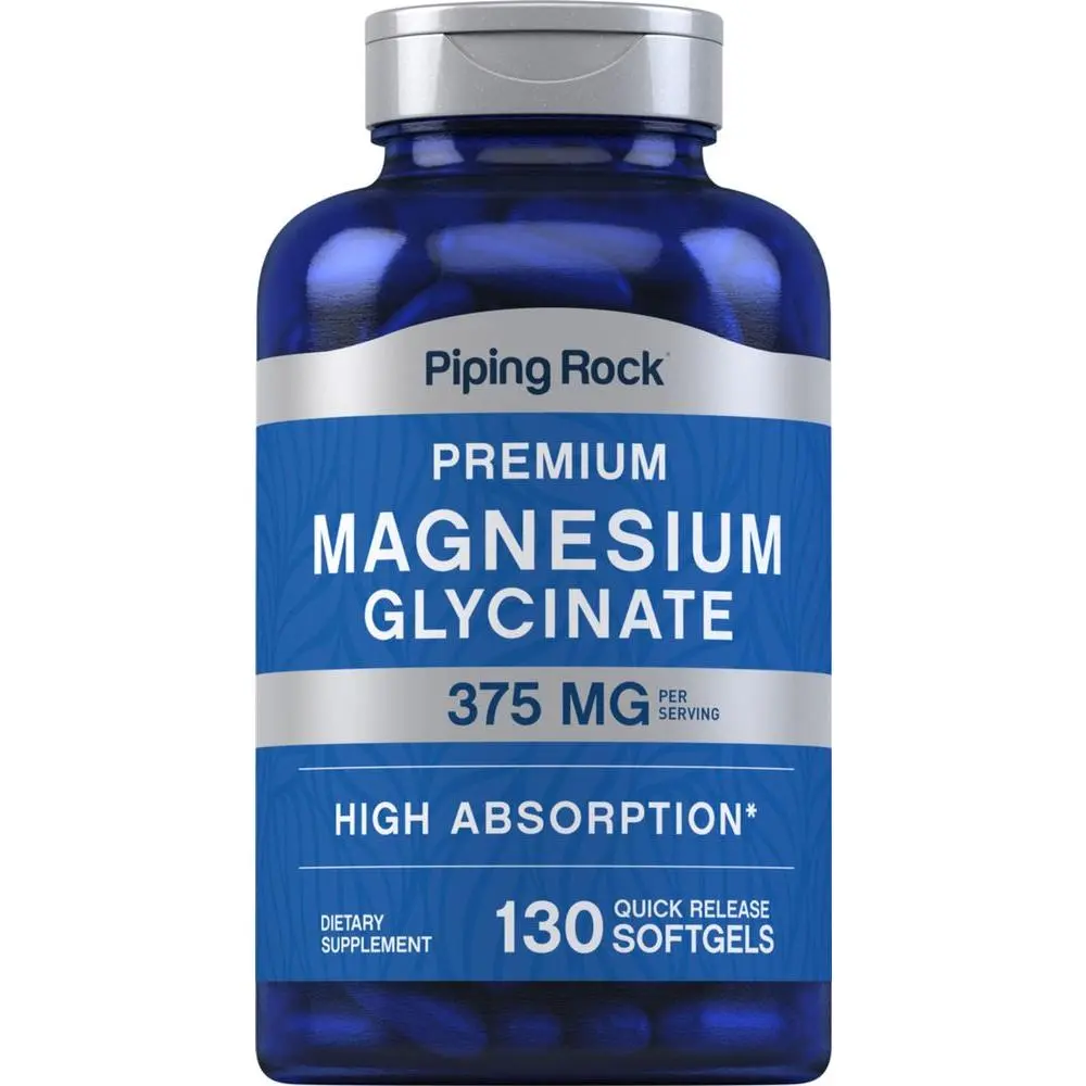 Piping Rock Magnesium Glycinate | 375mg | 130 Count  | Premium & High Absorption | Quick Release Softgels | Non-GMO & Gluten Free Formula