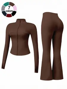 Women's 2-Piece Loungewear Set, Long Sleeve Zip-Up Jacket & Wide Leg Pants, Slim Fit, Fitted, Soft Comfortable for Daily Wear Home Sports Airport Travel, Casual Fashion Pajama Set Outfit