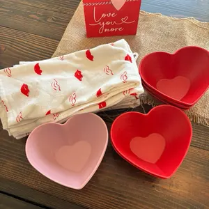 Heart Shaped Bowls & Towels Valentineine Set with Love You Card Pink and Red Colors Tableware for Valentine's Day