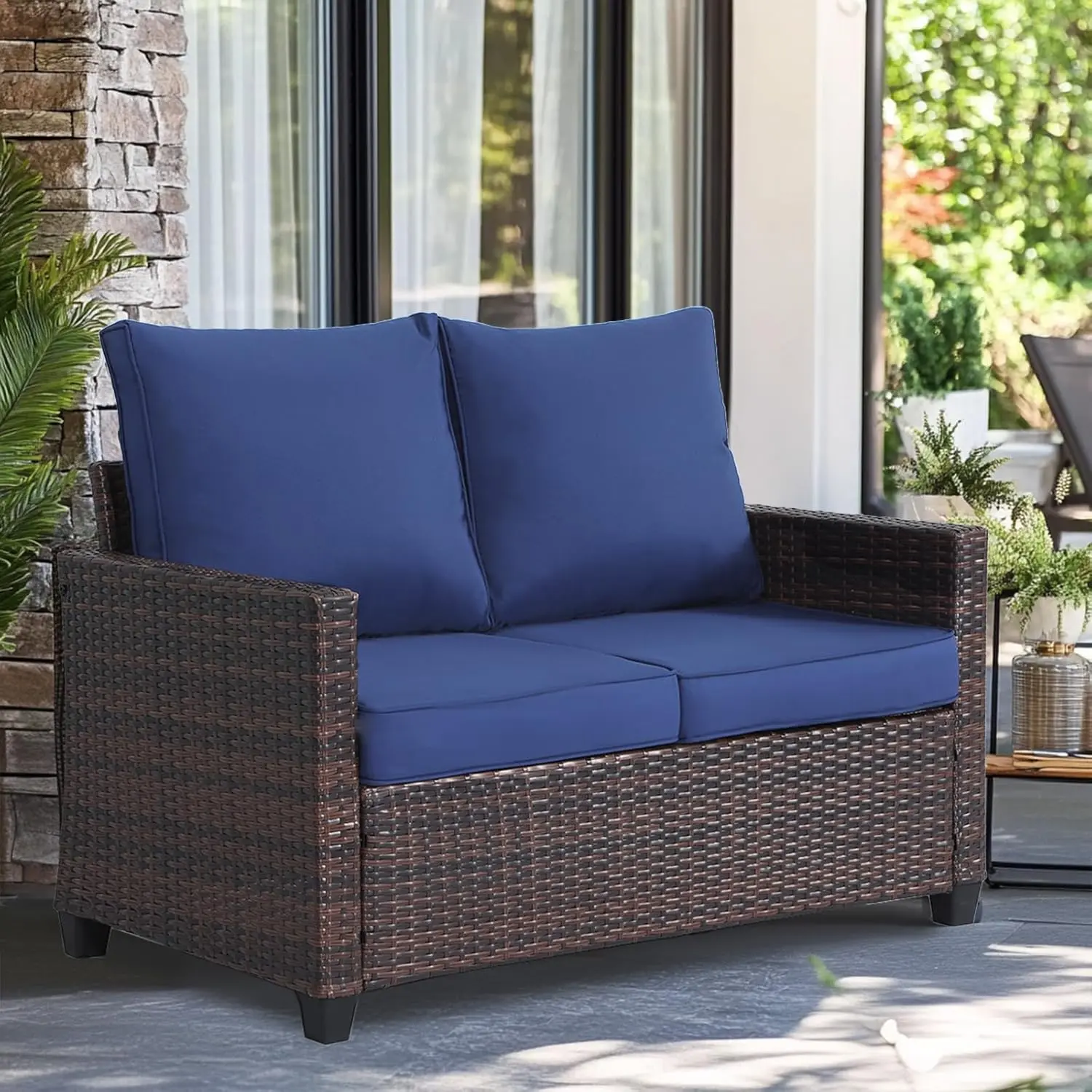 All-Weather Wicker Patio Loveseat with Cushions - 2-Person Outdoor Rattan Sofa, Sectional Furniture, Patio Couch for Garden, Balcony, Deck, Couch For Patio