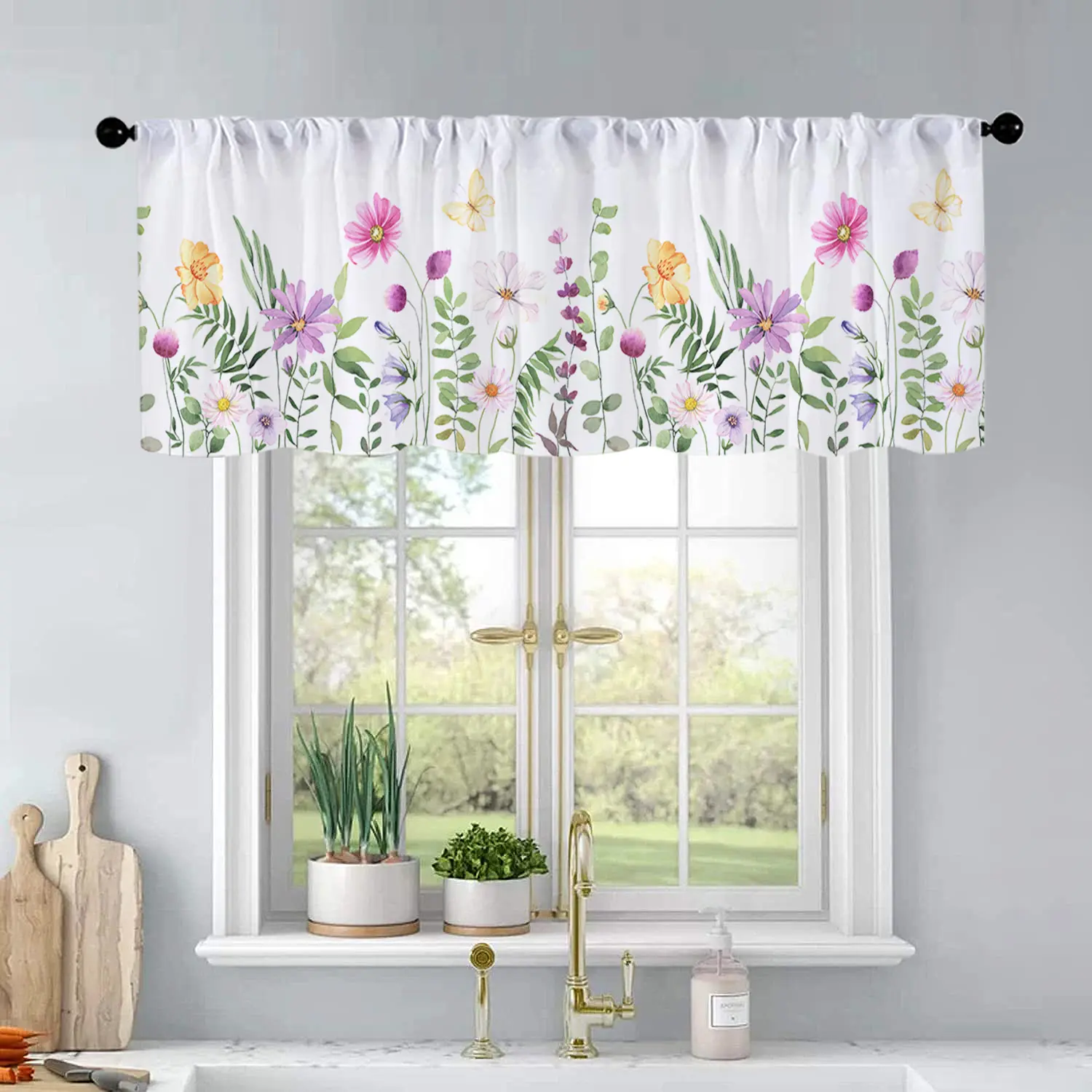 1Pc Purple watercolor flowers printed kitchen curtains living room bedroom bathroom home decoration 54 * 18 inches Window Curtain