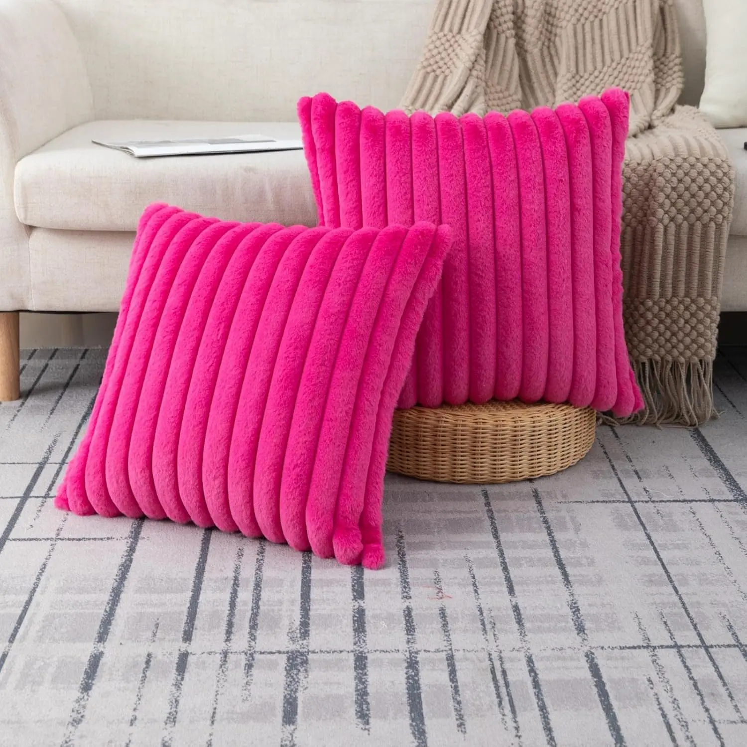 2-Pack Hot Pink Faux Fur Pillow Covers - 18x18 in Fluffy Striped Couch Cushion Covers, Removable Slipcovers for Sofa, Bed, Festive Decorations, Removable Cushion Covers