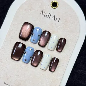 New Luxury Standard! Brown Cat Eye Press On Fake Nails, Exquisite Hand-Painted Metal Star & Cream Polka Dot, Reusable, Unique & Rare