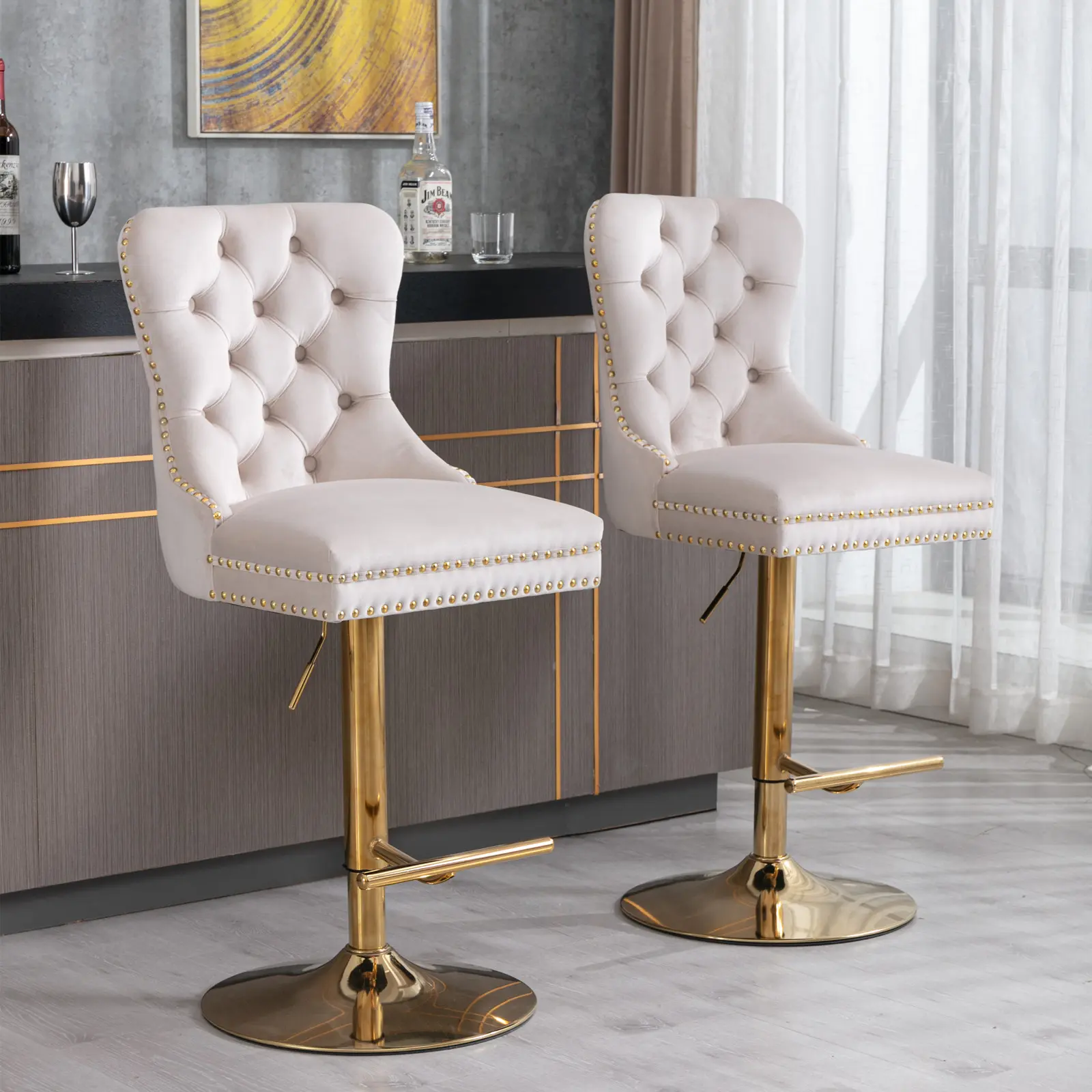 Velvet&Metal Tufted Back Bar Stools - 2-Piece Rolling 360-Degree Swivel Height Adjust Island-Ready Seat, 27-35 in Adjustable Height Pre-Assembled Modern Metal Base Indoor Furniture for Kitchen Island, Home Bar