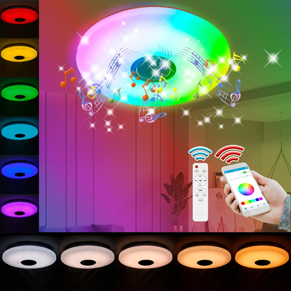 RGB LED Bluetooth Music Ceiling Light 256Colors Dimmable with Remote DSP Melody Player BT APP Control Colorful Smart Timing Function Memory Mode Festival Party Atmosphere Lamp 100-240V Esport KTV Bar Mlticolor Mood Night Lamps