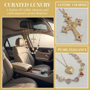 4Pcs Universal Car Interior Hanging Decor | Retro Gold Baroque Cross & Pearl Charm | Gothic Mirror Jewelry Accessory | Perfect Creative Gift for Her Interior Solar Powered Winter Windshield Defroster Adjustable High-Powered Stretchable Truck Bed Cargo Net