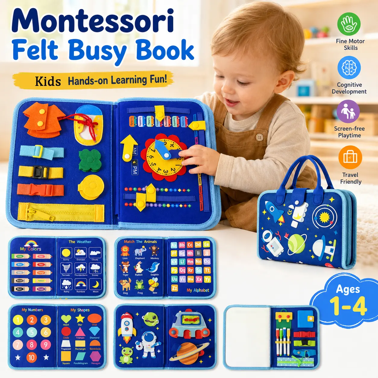 Montessori Felt Busy Board Book for Toddlers, Dressing Board Toy, Interactive Quiet Book with Zippers, Buckles, Colors, Numbers, Animals & Shapes — Travel Activity Toy for Ages 1–4