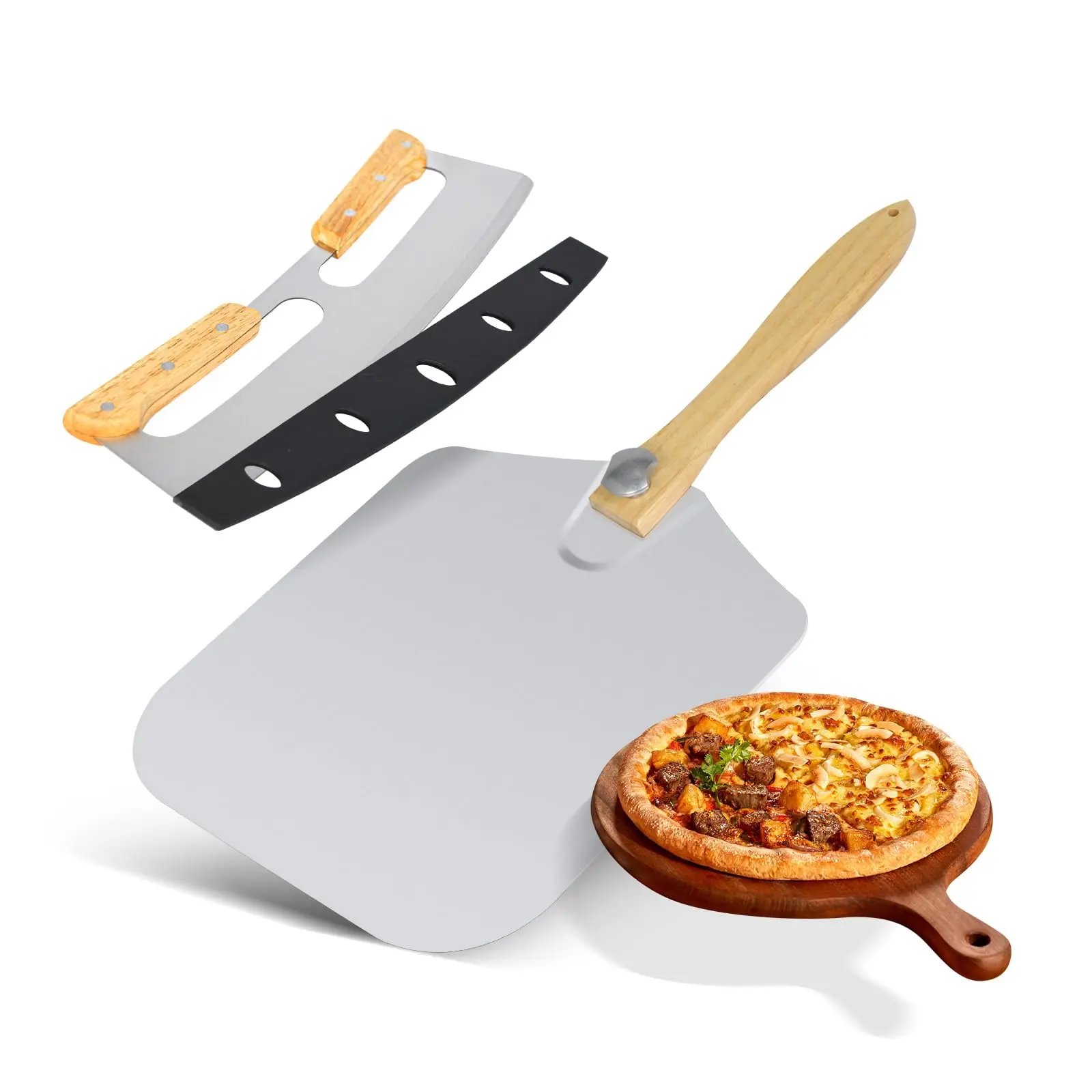 Hakka Aluminum Pizza Spatula & Cutter Set - 12x14 in Pizza Peel with 11 in Foldable Wooden Handle, 13.78 in 430 Stainless Steel Blade, Kitchen Gadgets Utensils