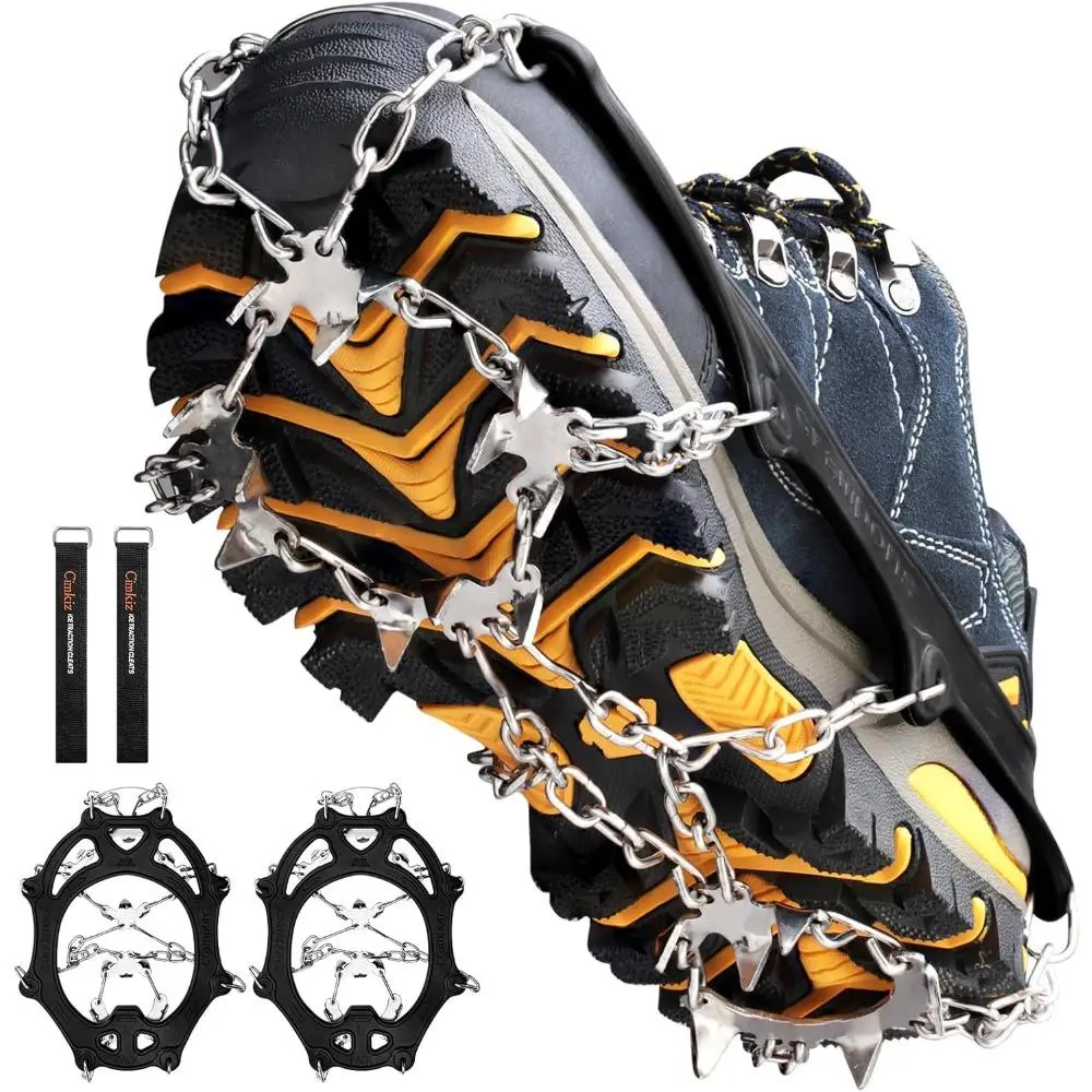 19-Spike Ice Cleats Crampons with Stainless Steel Firm Chain System & TPE Anti-Slip Traction Grips, Adjustable Strap for Adults, Large Size, Trail Running, Hiking, Ice Fishing, Teenagers, Hiking Shoes, Unisex Fit, Tpe Rubber, 19 Spikes, Chain Spikes