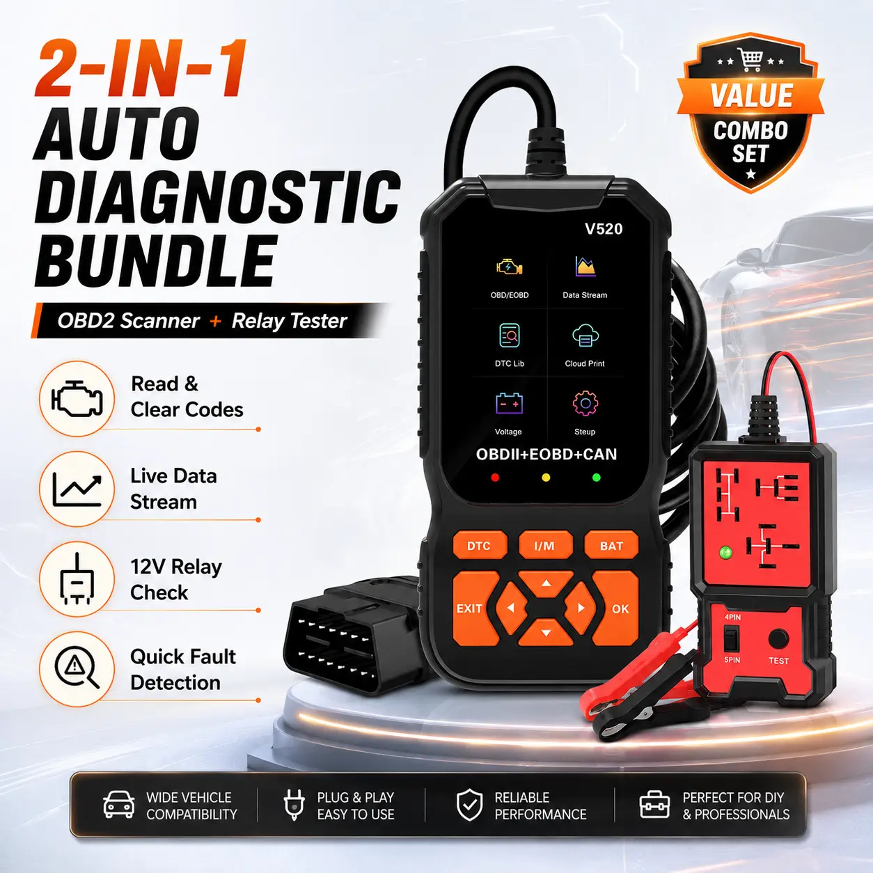 V520 OBD2 Scanner & 12V Relay Tester Combo Set, Auto Diagnostic Code Reader with Live Data, I/M Readiness, DTC Library, Battery Voltage Check, 4/5 Pin Automotive Relay Testing Tool for DIY Car Troubleshooting