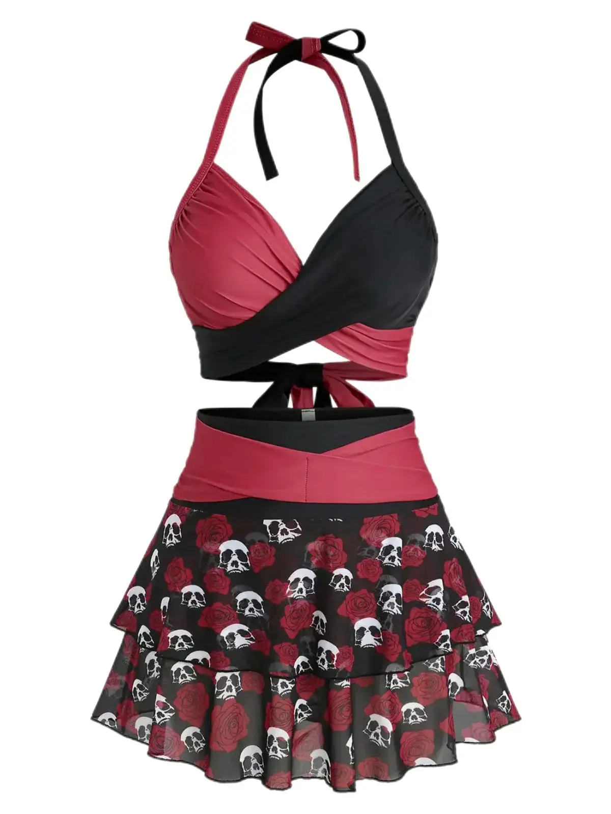 Black & Red 1980s Gothic Skull Rose Halter Skirt Swimsuitsummer outfits beach essentials vacation outfits Piece Set Clothes
