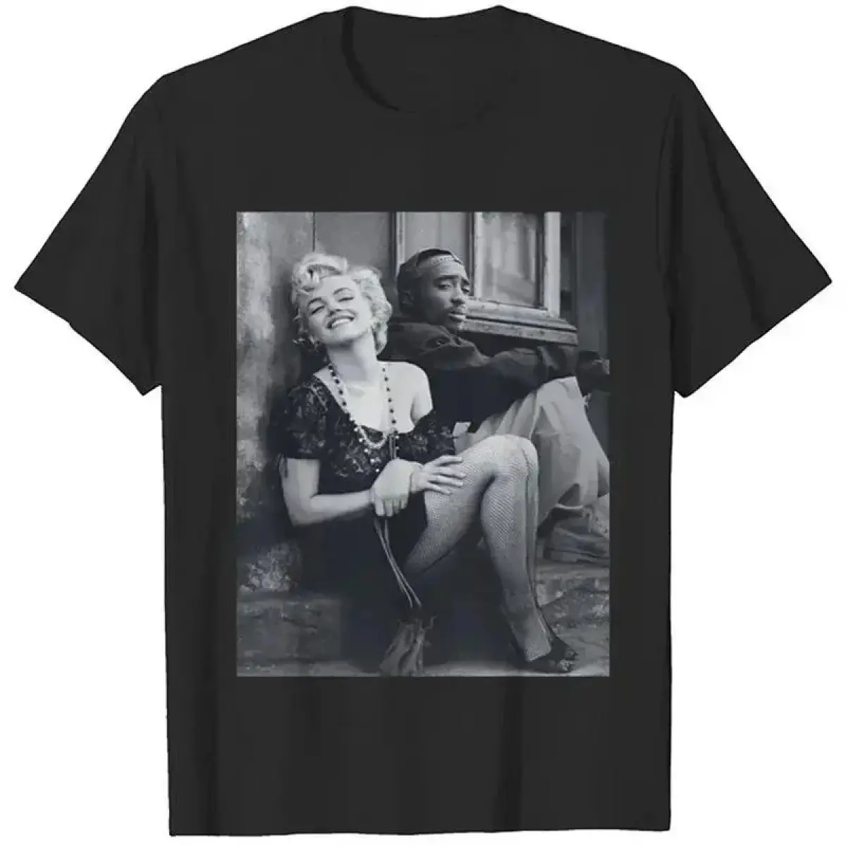 Unisex Boxy Fit Short Sleeve T-Shirt, Vintage Inspired Marilyn Monroe & 2Pac Graphic, 100% Cotton Casual Streetwear with Structured Drape, Shortsleeve, Menswear, Top, Round Neck, Foldable, Tops, Bf