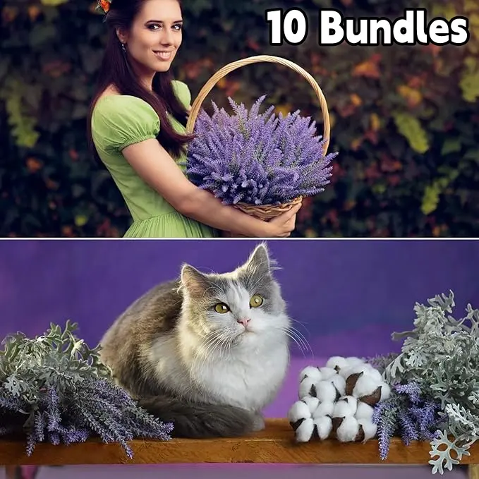 10 Bundles Purple Plastic Artificial Lavender Bouquets - No-Maintenance Faux Decorative Flowers, Plants & Fruit for Home Decor Table, Window Display (Home Supplies for Indoor & Outdoor Use)