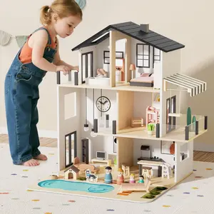 Wooden Doll House for Kids Large Modern Dollhouse with 5 Rooms Garage 49Pcs Furniture Accessories DIY Puzzle Pool Yard Ideal Gift for Toddlers 3+,for Boys and Girls Birthday Gift Christmas Gift.