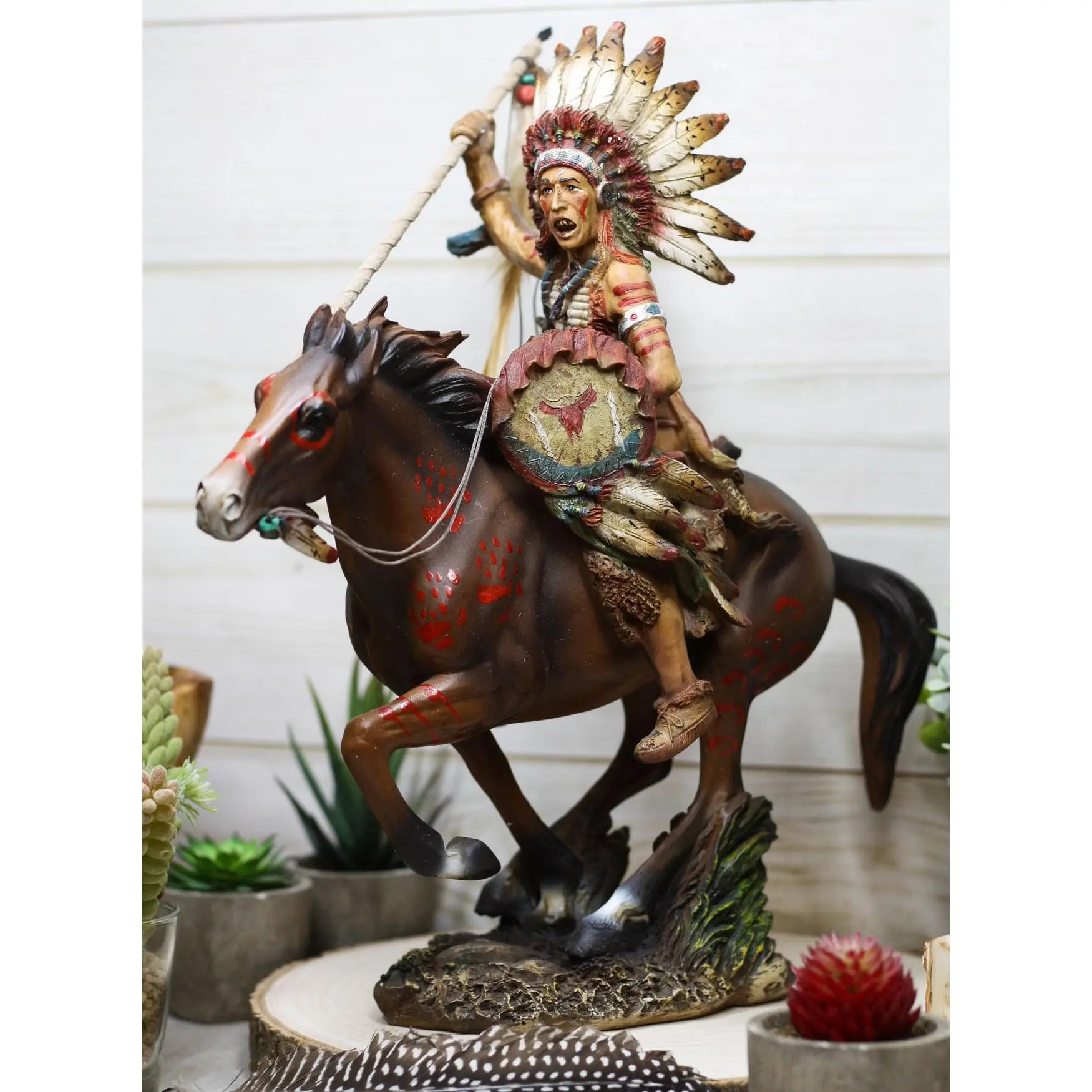 Indian Chief Eagle Warrior Tribal War Headdress Figurine - 13.25"high, 12.25"long, 6.25"deep Horseback Warrior Statue, Sculpture for Indoors & Office Decor Gifts