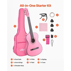 VEVOR Classical Guitar, 38 Inch, Wood Classical Guitar Starter Kit for Beginners, with Nylon Strings, Gig Bag, Strap, Tuner, Extra Strings, Picks, Capo, Basswood, for Teenagers Adults Students, Pink