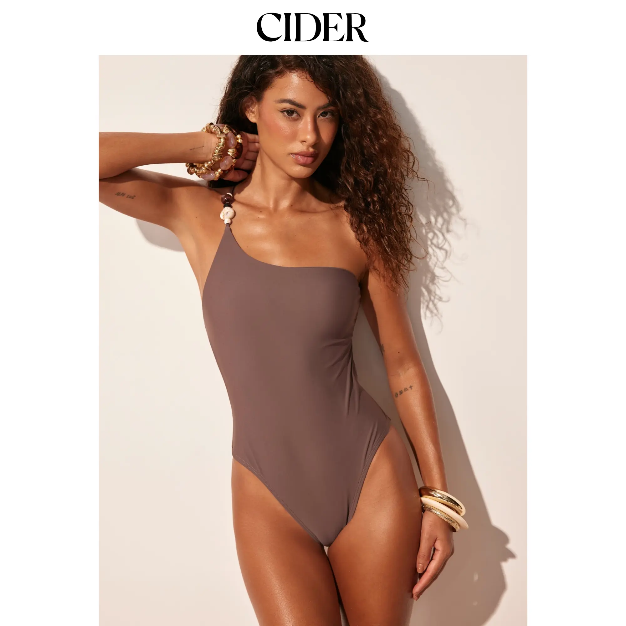 Cider High Stretch Asymmetrical Neck Bead Detail One Piece Swimsuit