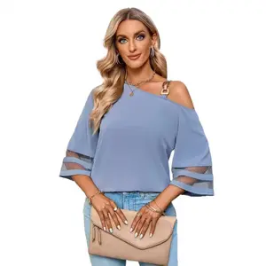 Women's Asymmetric Single Strap Collared Neck Pullover Top - Metallic Accent, Soft Jersey Fabric, Casual Chic Statement Blouse